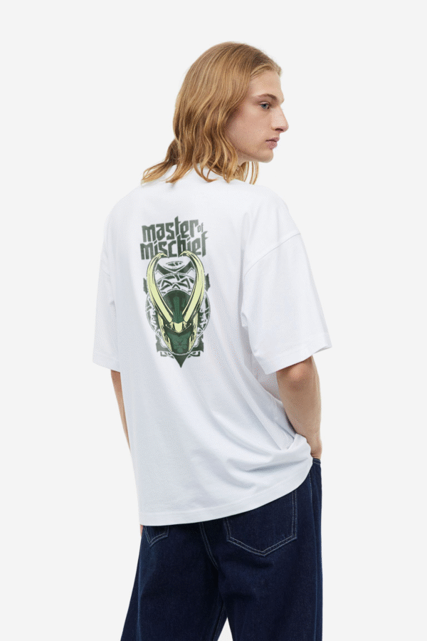 oversized graphic tee Bazzaro White Loki Oversized T-shirt: Embrace the Trickster God's Charm